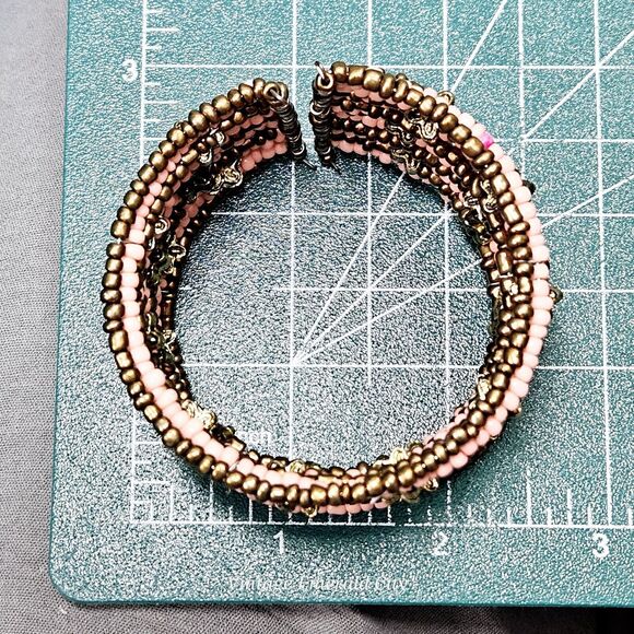 Golden Flowers & Coral Seeds Beaded Bracelet Spiral Coil Wire Retro Wrap Cuff - Picture 4 of 12